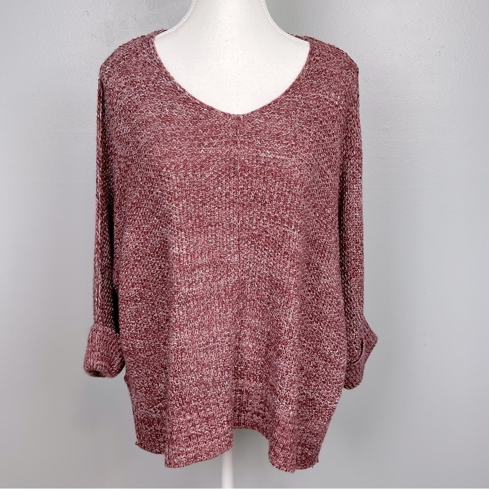52seven heathered burgundy open knit rolled 3/4 sleeve oversized sweater, small.